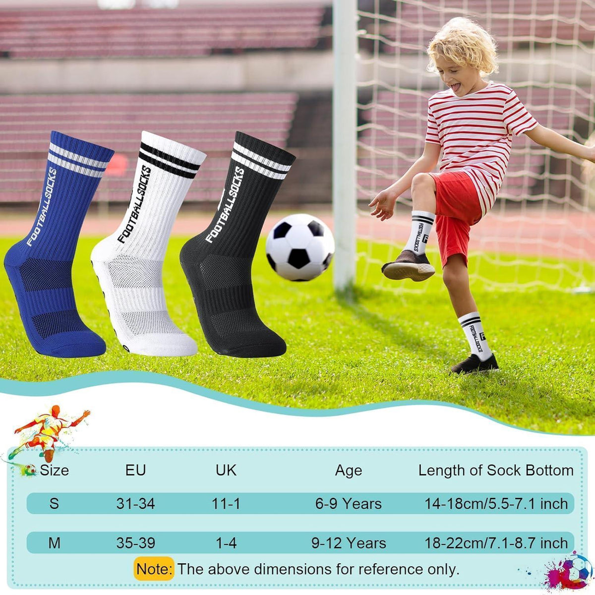 3 Paar Kinder Fußballsocken mit Anti-Rutsch-Grip, atmungsaktiv, Größe 31-34