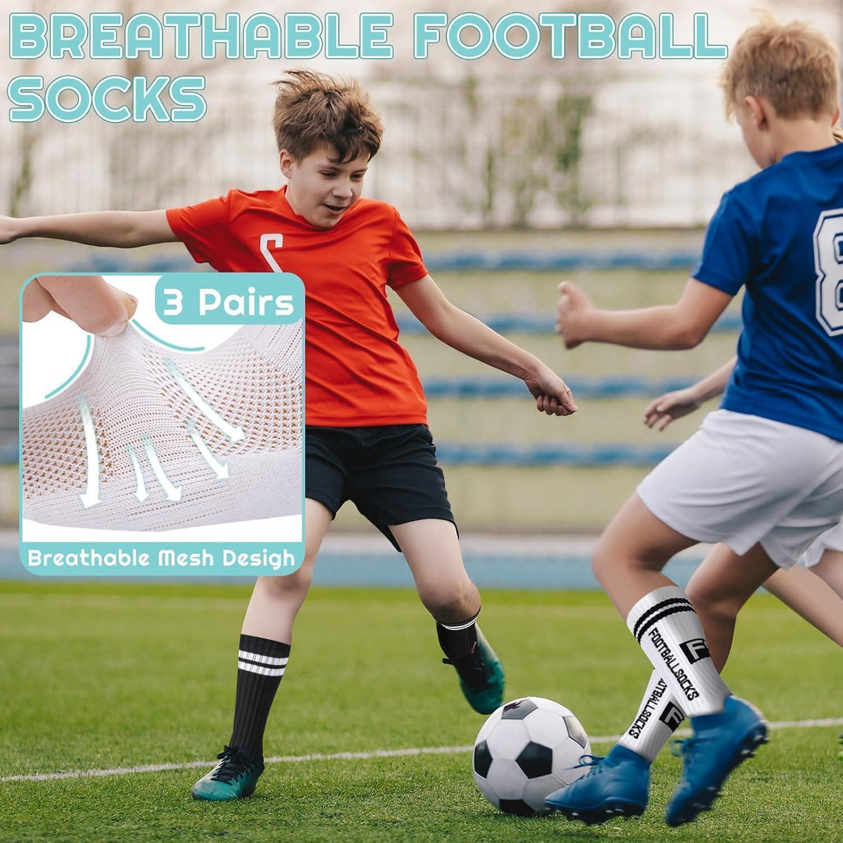 3 Paar Kinder Fußballsocken mit Anti-Rutsch-Grip, atmungsaktiv, Größe 31-34
