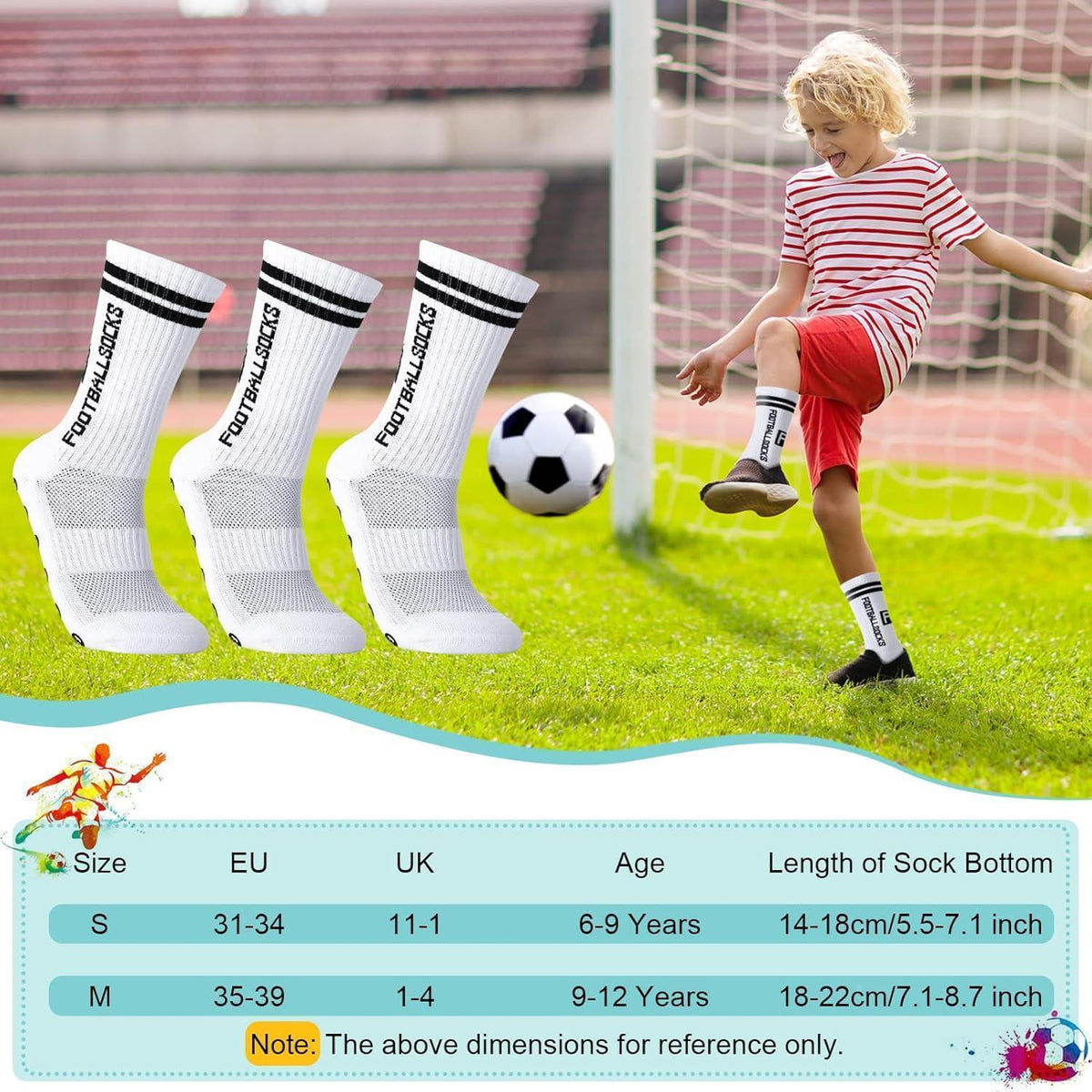 Kinder Fußballsocken 3 Paar Anti-Rutsch Grip Größe 35-39 Weiß