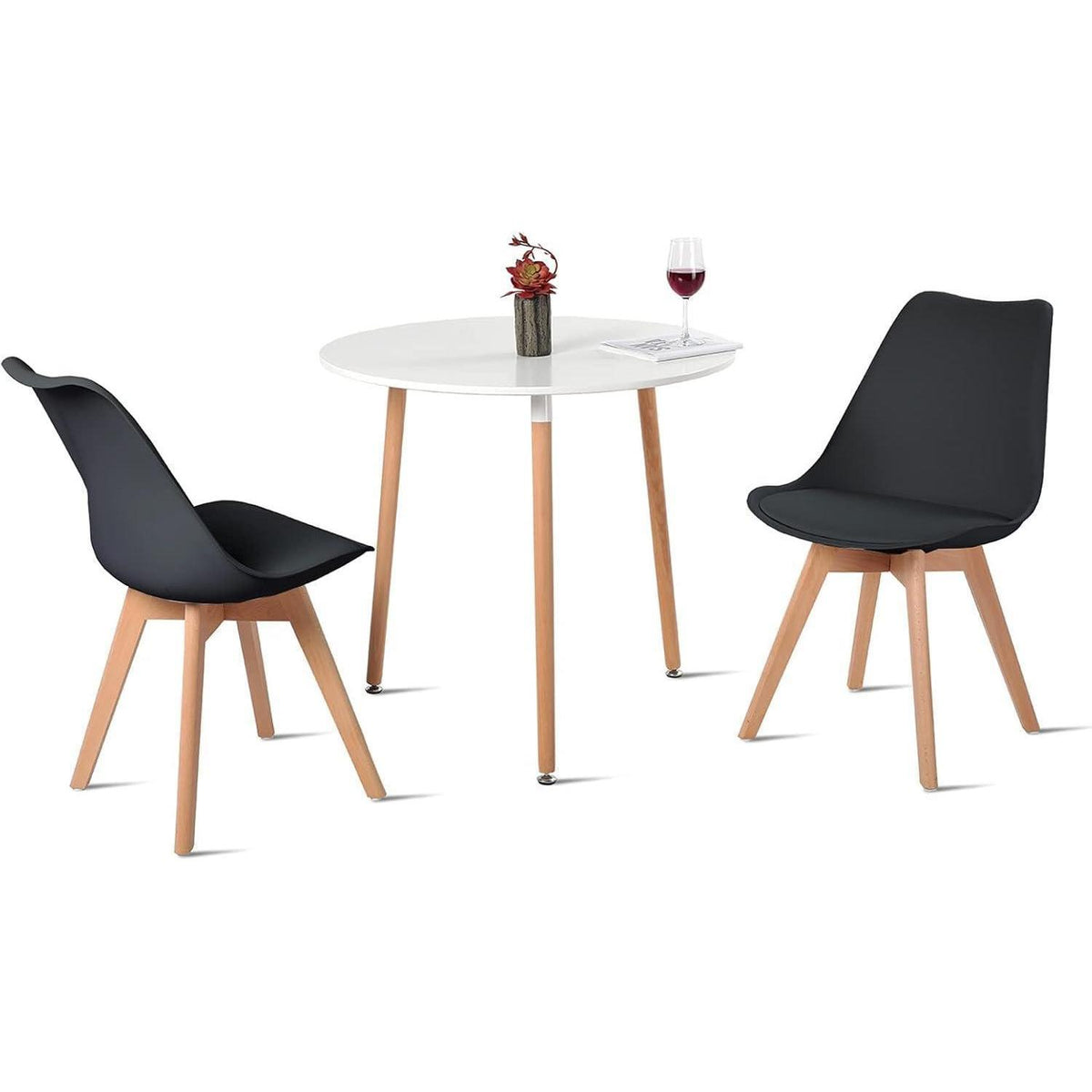 3-teilige Essgruppe: Runder Tisch (Weiß) + 2 Stühle (Schwarz)