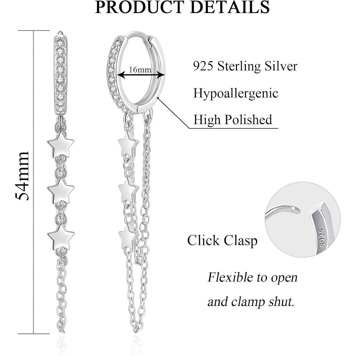 Silber Creolen Ohrringe mit Quasten Kette, 925 Sterling Silber, Hängend