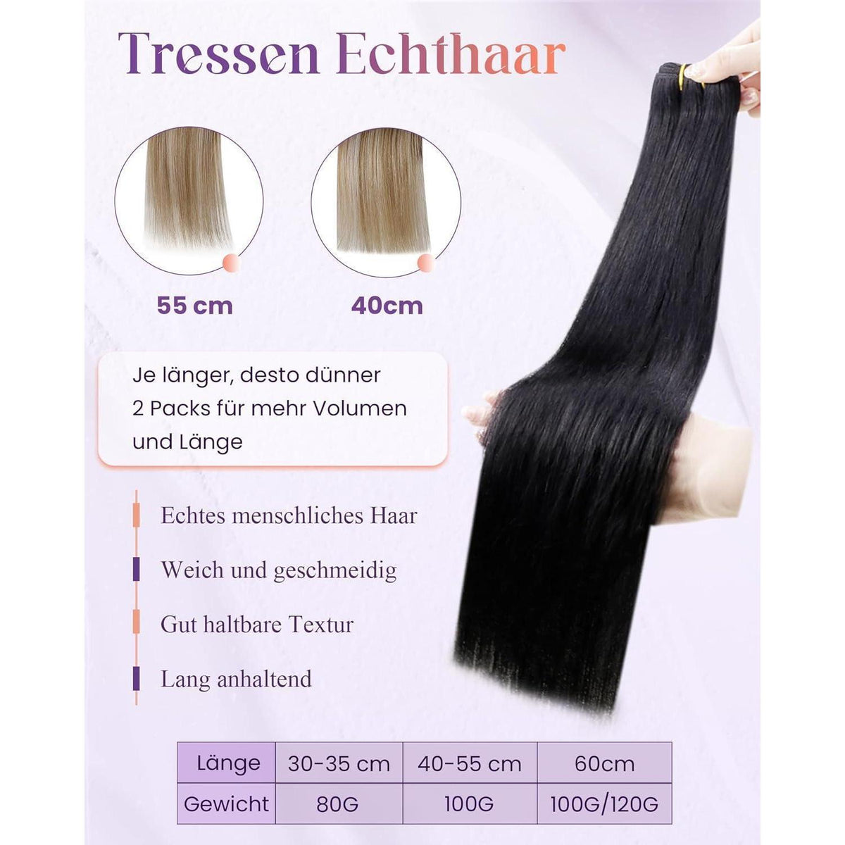 Echthaar Tressen Schwarz #1 – Remy Haartressen 45cm (100g)