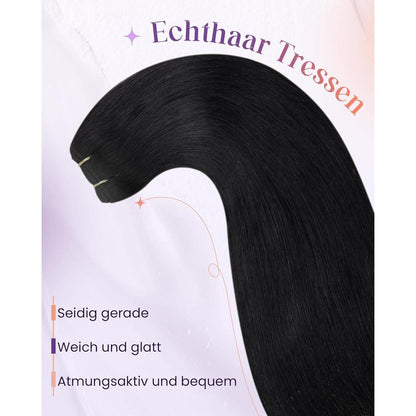 Echthaar Tressen Schwarz #1 – Remy Haartressen 45cm (100g)
