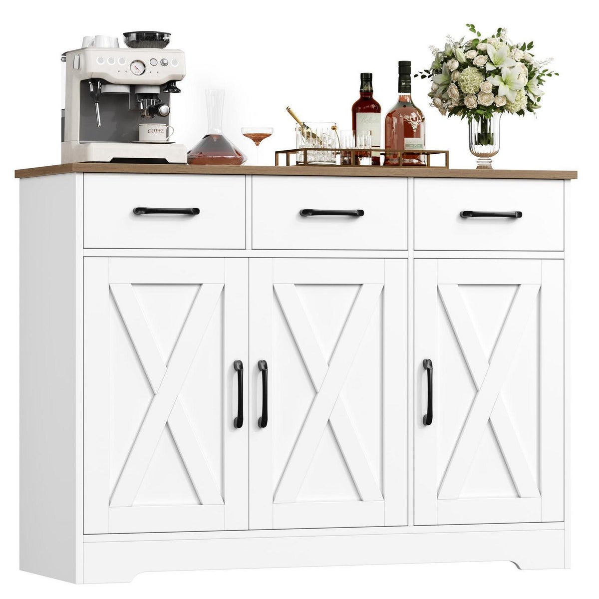 Sideboard mit Schubladen & Türen – Weiß & Braun, Küchenschrank