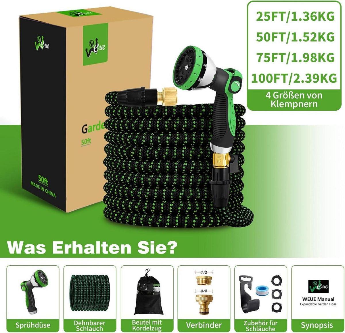 Flexibler Gartenschlauch 7.5M 10 Funktionen Sprühdüse Anti-Verdrehung