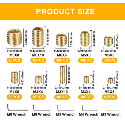Madenschrauben Set 300 Stk. M3-M8 Innensechskant Gold mit Schlüssel