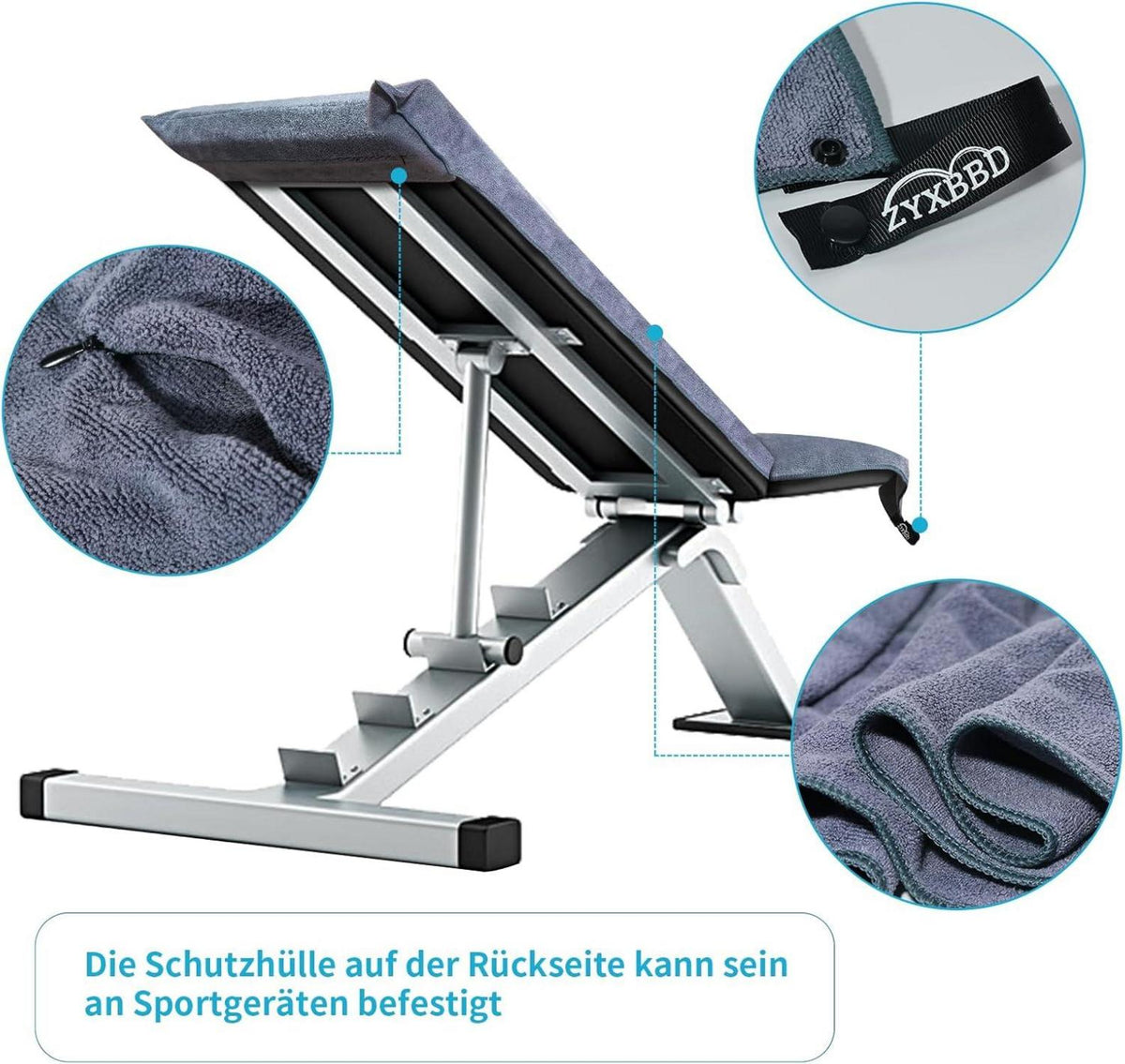 ZYXBBD Fitness Handtuch 120x50cm rutschfest mit Tasche und Reißverschluss Grau