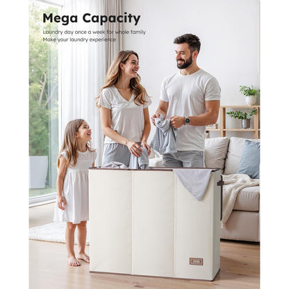 180L Wäschekorb 3 Fächer mit Deckel und Wäschesäcken Beige