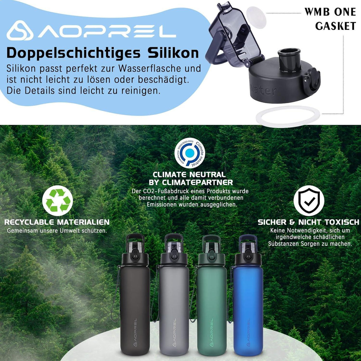 AOPREL Trinkflasche 1l BPA frei Tritan Sport Flasche Kohlensäure Auslaufsicher