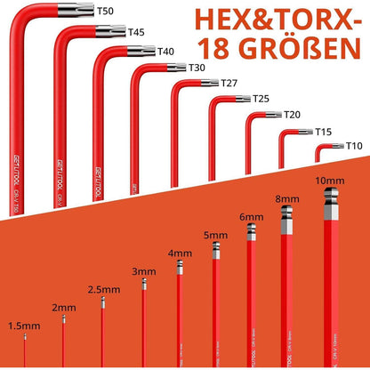 Innensechskant & Torx Schlüssel Satz Lang, 18tlg. Kugelkopf & T-Griff