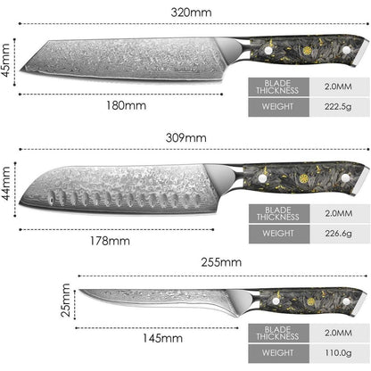 Damast Küchenmesser Set 3tlg. – Santoku, Kochmesser & Filetiermesser