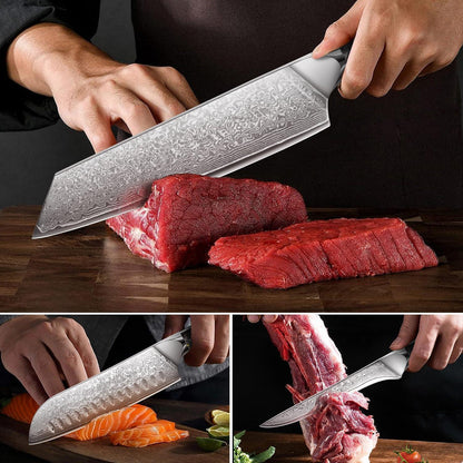 Damast Küchenmesser Set 3tlg. – Santoku, Kochmesser & Filetiermesser