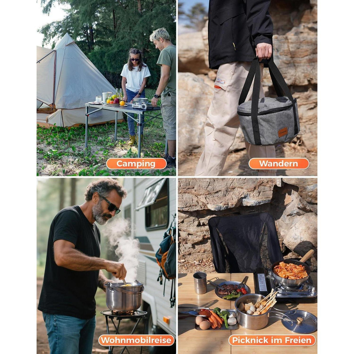 Camping Kochset Edelstahl 4-teilig mit Wasserkessel