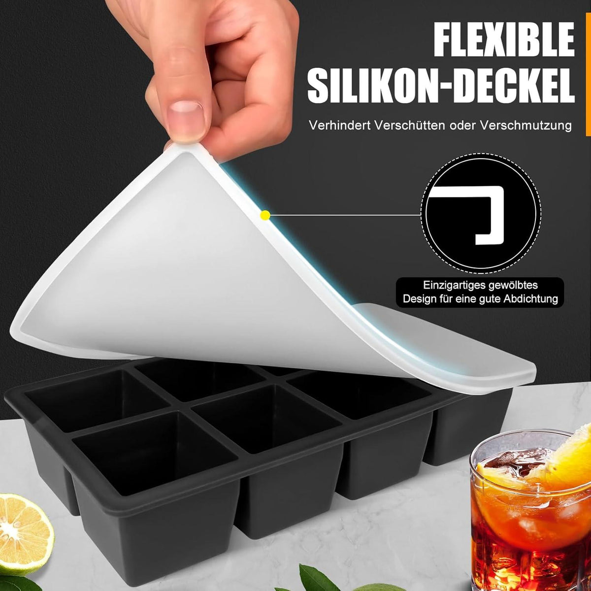 Silikon Eiswürfelform mit Deckel BPA-frei 16-fach - Schwarz