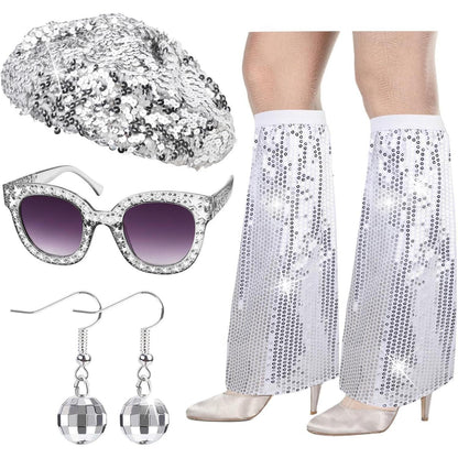 Disco Kostüm Set Damen 70er 80er Jahre Pailletten Stulpen Ohrringe Brille Hut