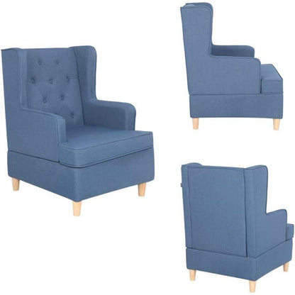Mingone Ohrensessel Blau – Bequemer Leinen Loungesessel mit Holzfüßen