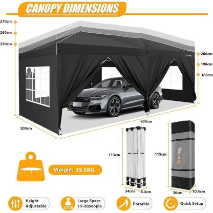 3x6m Faltpavillon mit Seitenwänden – Wasserdicht & Stabil für Garten & Events