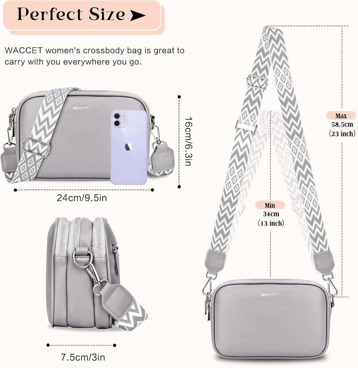 WACCET Umhängetasche Damen PU Leder Crossbody Bag mit