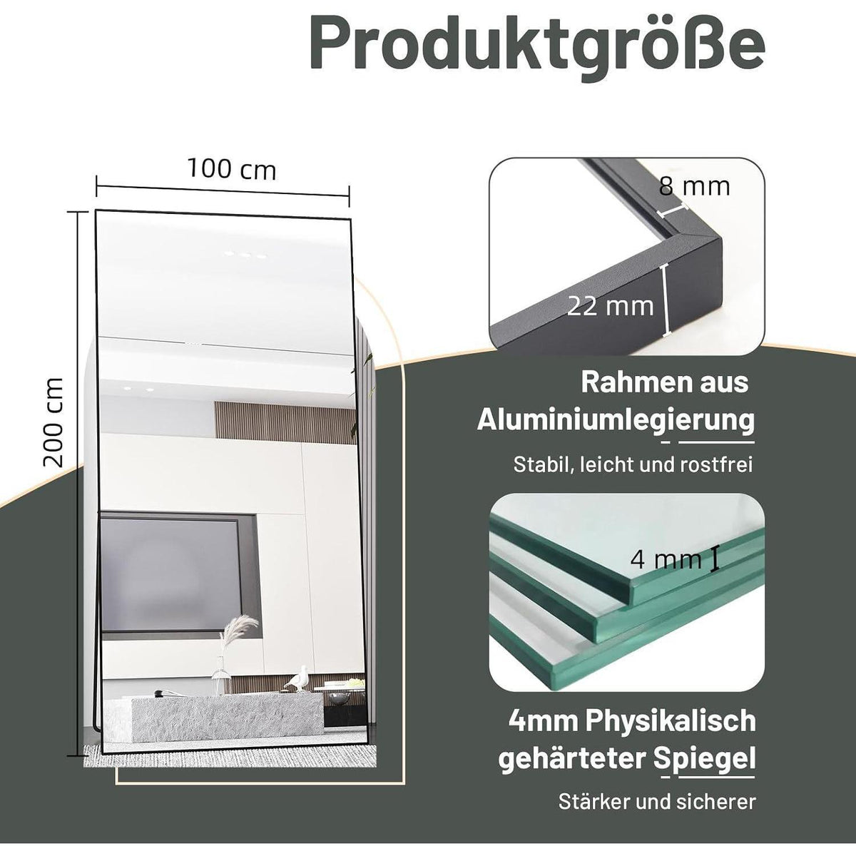 Standspiegel Schwarz 200x100cm | Ganzkörper Spiegel mit Metallrahmen