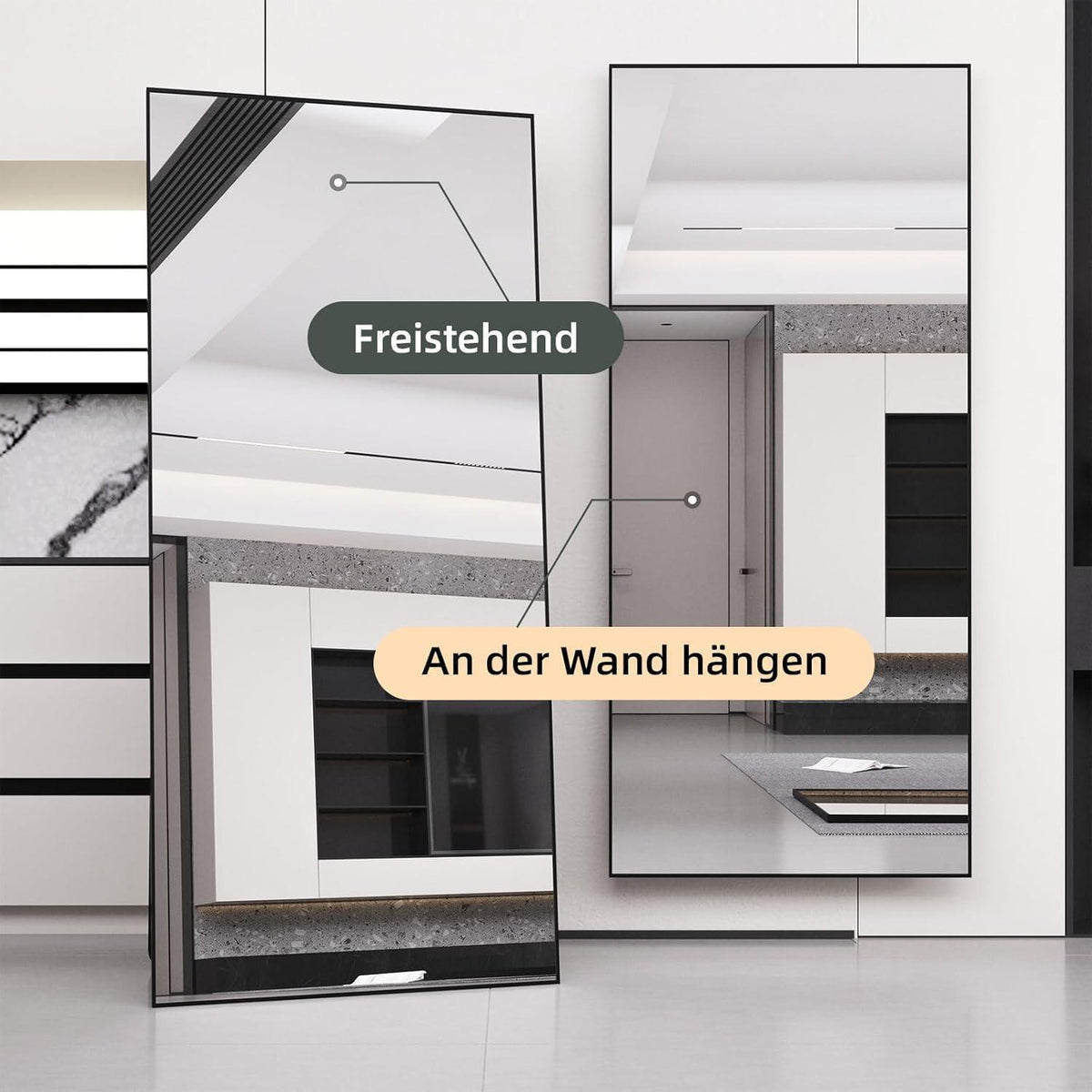 Standspiegel Schwarz 180x80cm | Ganzkörper Spiegel mit Metallrahmen