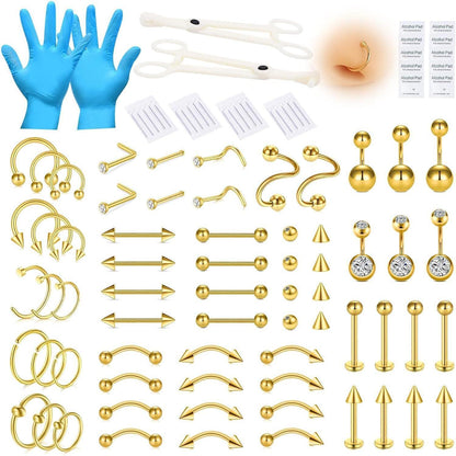 Piercing Set 99 Teile mit Nadeln & Schmuck, 14G-20G, Gold 8mm