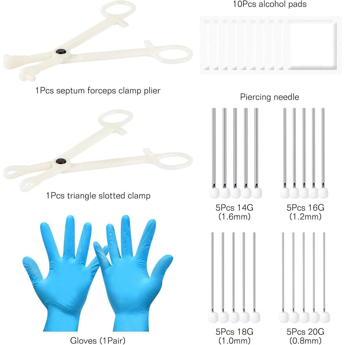 Piercing Set 99 Teile mit Nadeln & Schmuck, 14G-20G, Gold 8mm