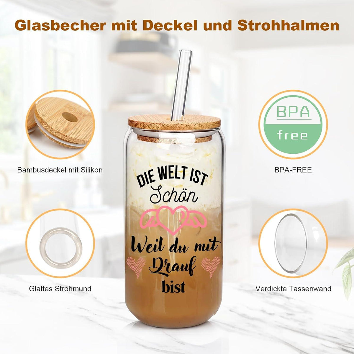 500ml Borosilikatglas Trinkbecher mit Deckel und Strohhalm, Geschenk für Freundin