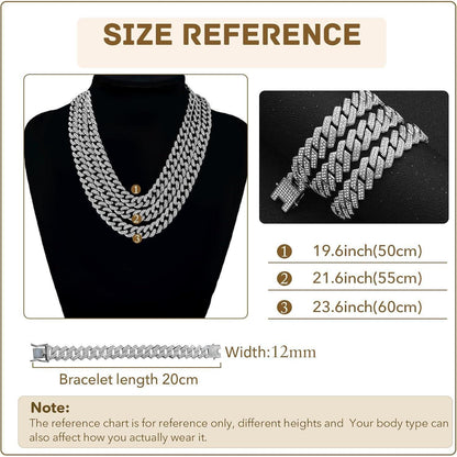 12mm Kubanische Gliederkette Silber mit Strass, 50-60cm