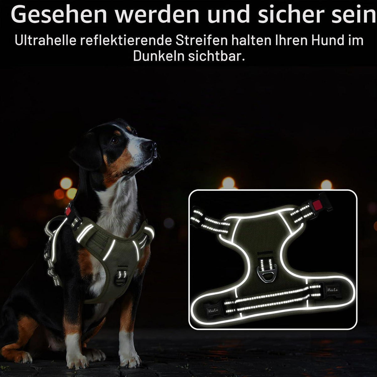 Hundegeschirr Brustgeschirr Grün L - Abschließbar & Reflektierend
