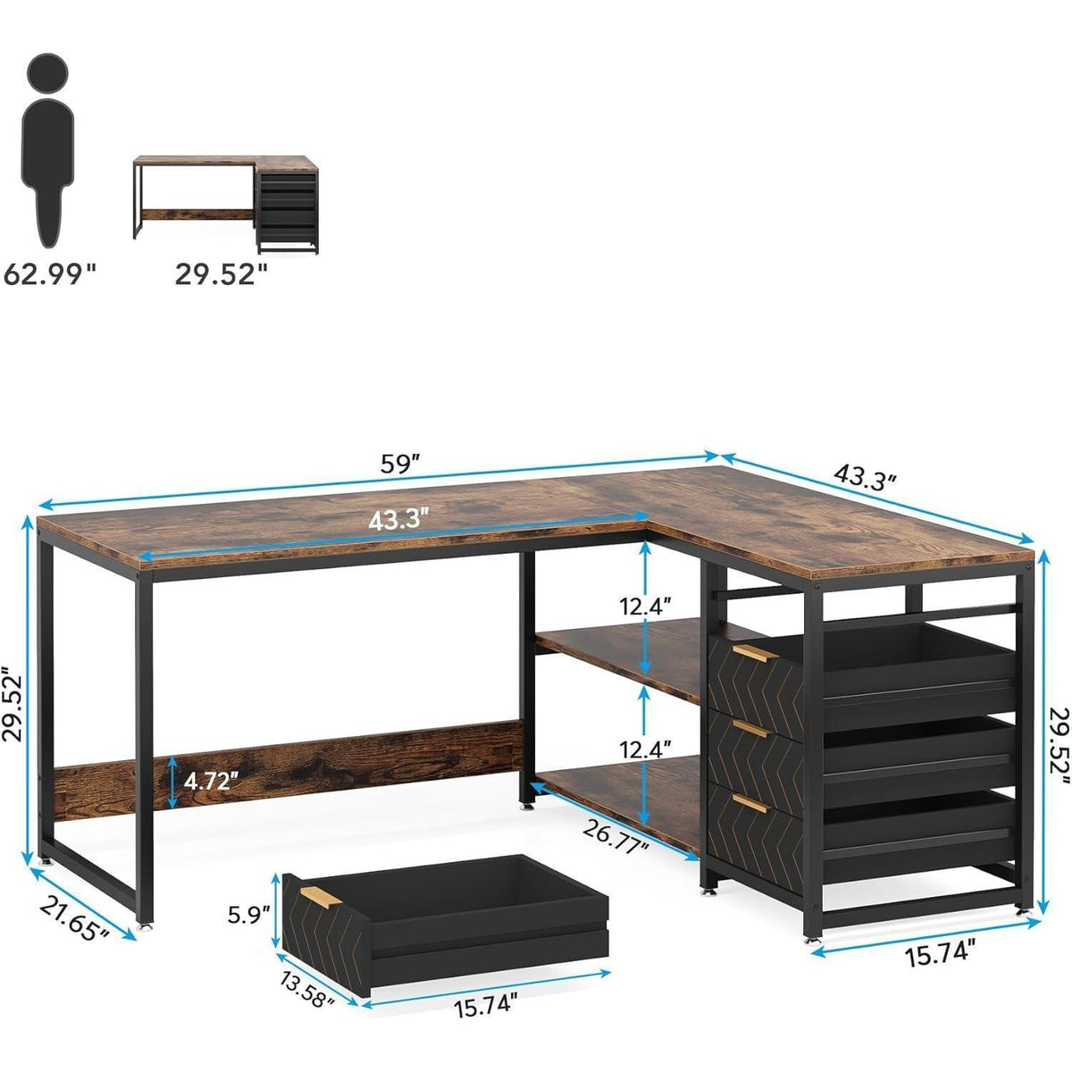 L-förmiger Schreibtisch mit Schubladen – Eckschreibtisch für Büro & Home Office