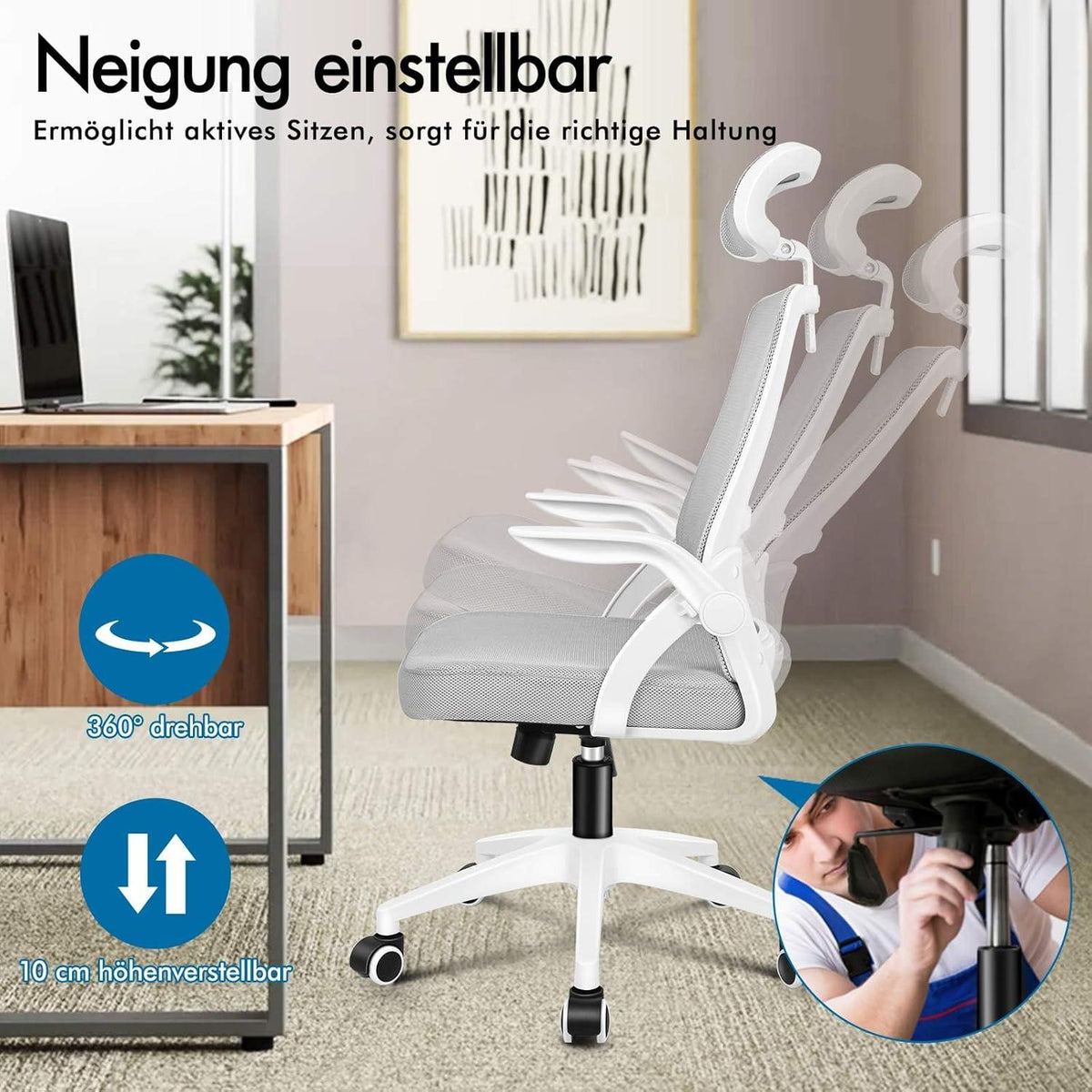 Ergonomischer Bürostuhl mit Lordosenstütze, neigbar, hochklappbare Armlehne, Weiß/Grau