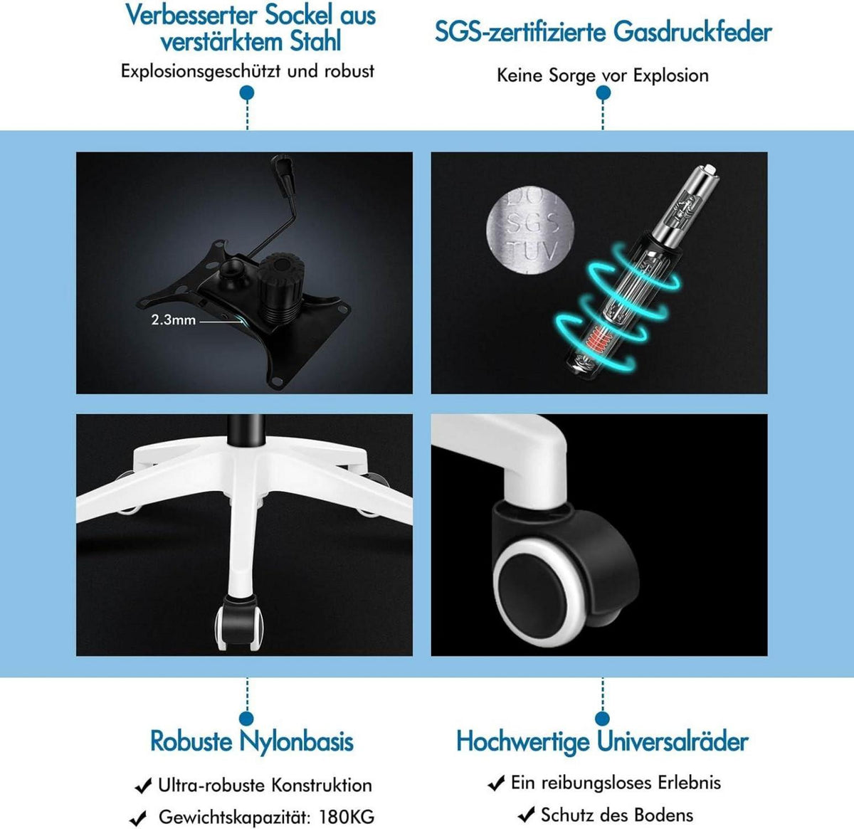 Ergonomischer Bürostuhl mit Lordosenstütze, neigbar, Armlehne, Weiß/Grau
