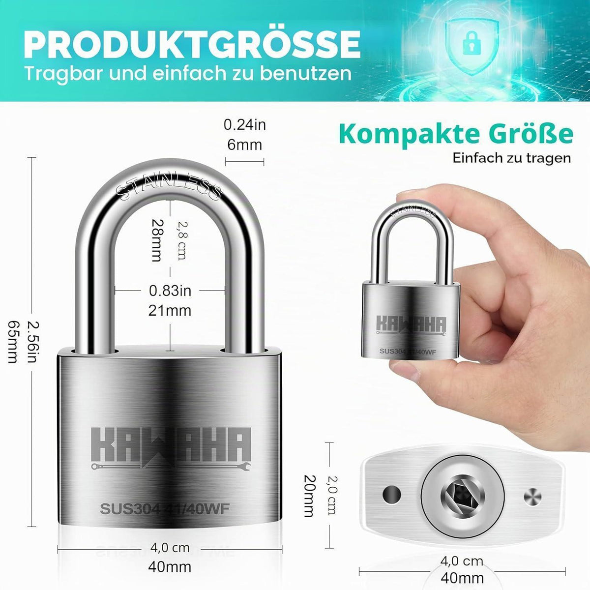 Edelstahl Vorhängeschloss 40mm - 4er Set, gleichschließend