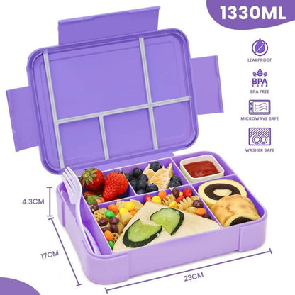 Kinder Brotdose mit 6 Fächern, auslaufsicher, inkl. Besteckset, Lila