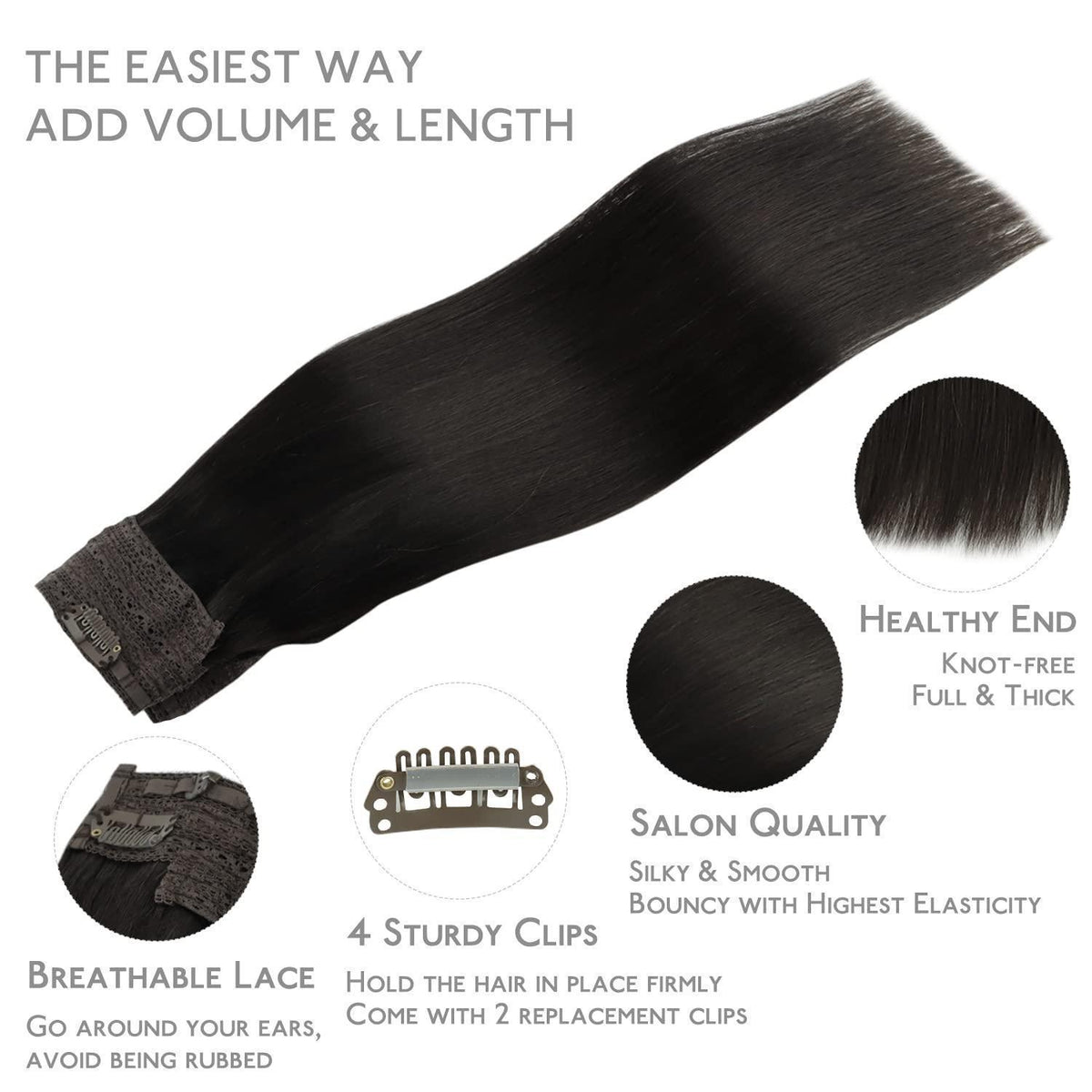 Echthaar Flip-in Extension – 30cm, 100g, Natürliches Schwarz