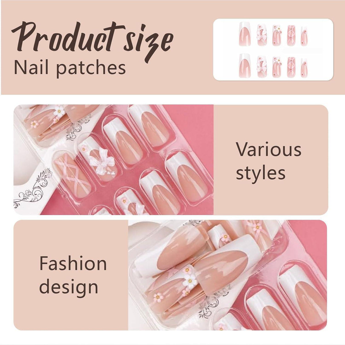 Rosa Strass Nagelset – 24 Glitzernde Blüten-Nagelspitzen