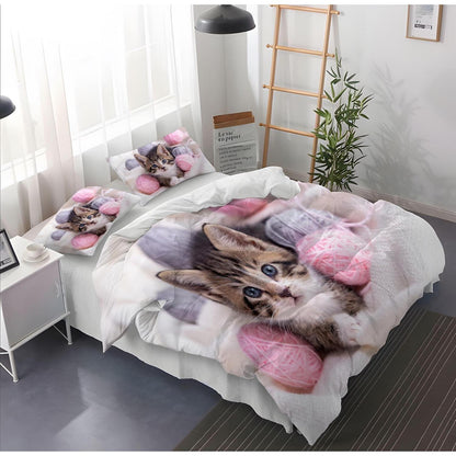 Katzen Bettwäsche Set 135x200 cm – 3D Kinder Bettbezug mit Kissenbezügen