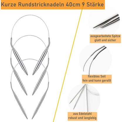 Edelstahl Rundstricknadel Set 9 Größen (2,5-10mm) 40cm
