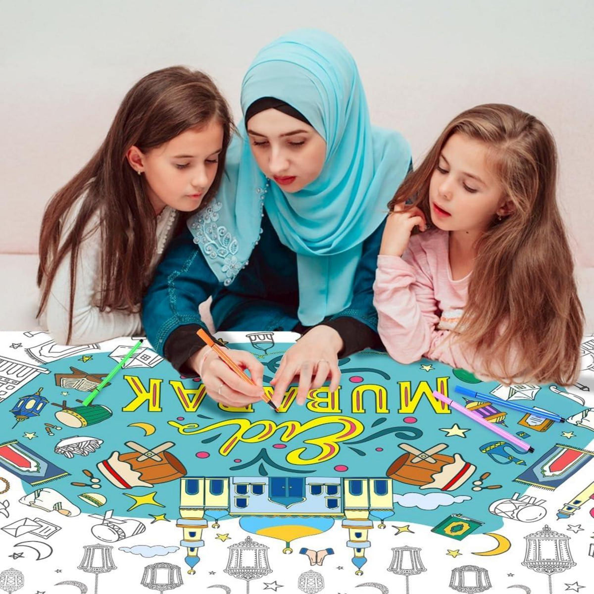 Ausmaltischdecke Eid Mubarak +12 Farbstifte 118x86cm für Kinder Spaß Eid Malen Ramadan Motive