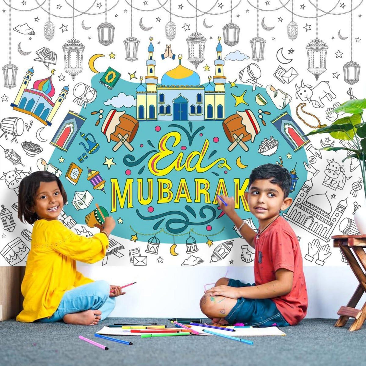 Eid Mubarak Ausmaltischdecke +12 Farbstifte Papier Tischdecke Kinder Jungen