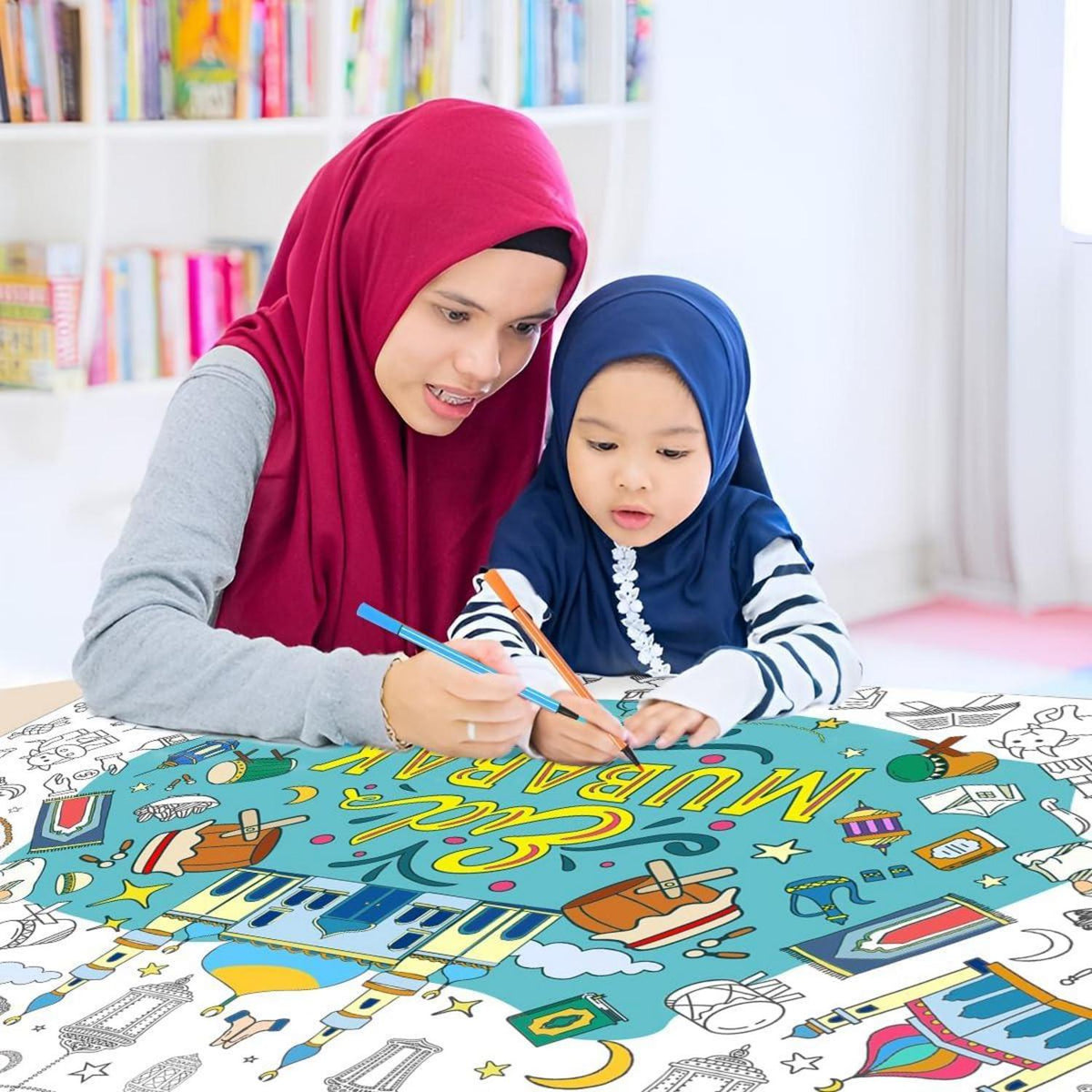 Eid Mubarak Ausmaltischdecke +12 Farbstifte Papier Tischdecke Kinder Jungen