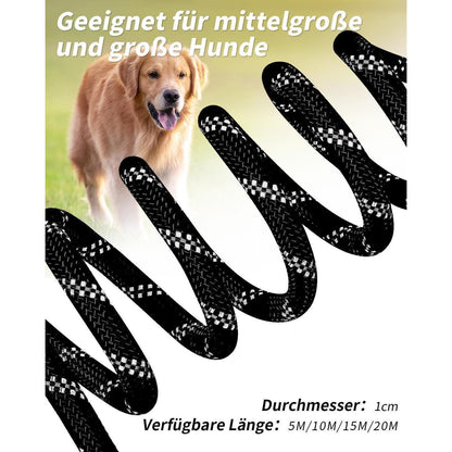 Schleppleine für große Hunde, 20m Schwarz, Reflektierend, Gepolsterter Griff