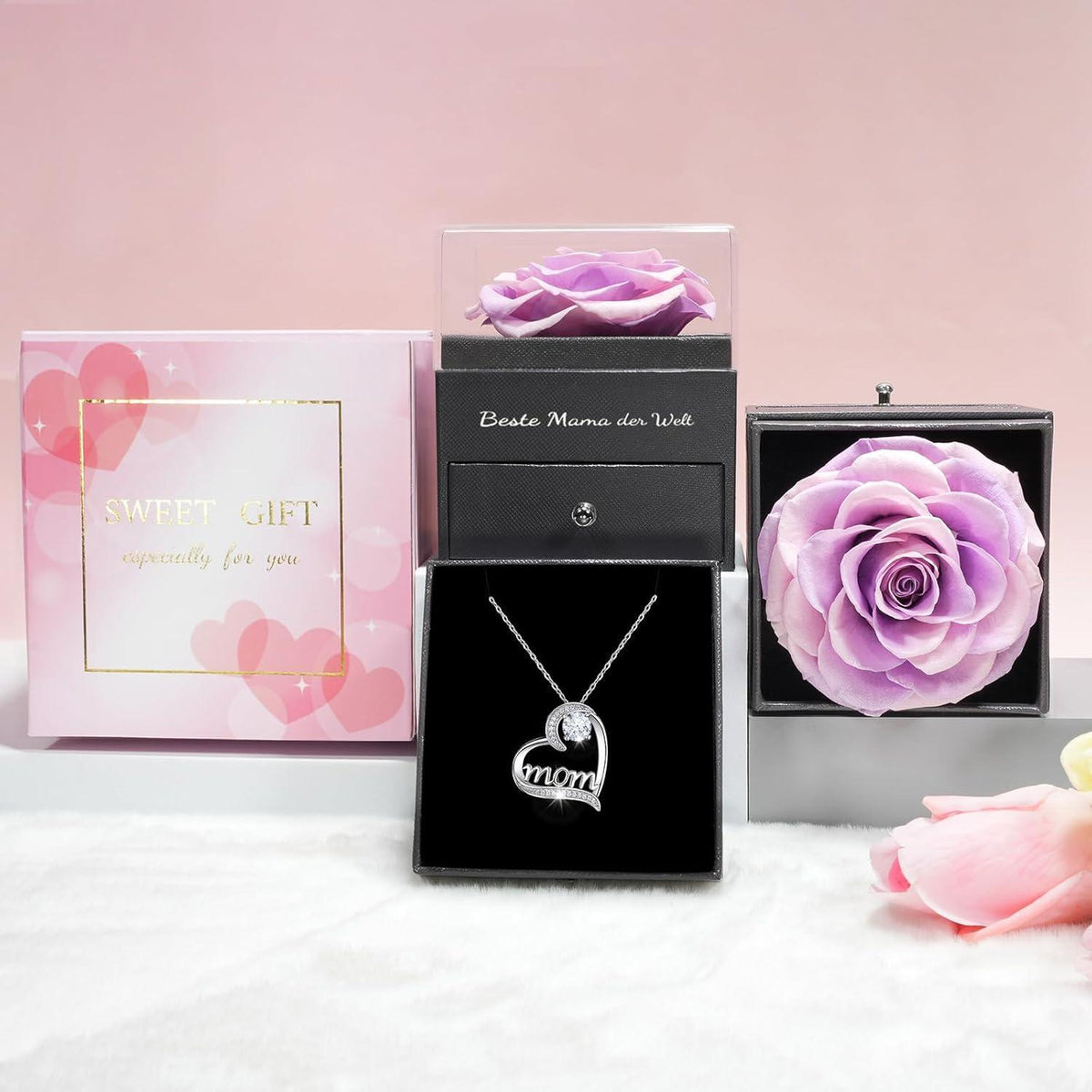 Ewige Rose mit Mom Halskette aus 925 Silber | Geschenk für Mama