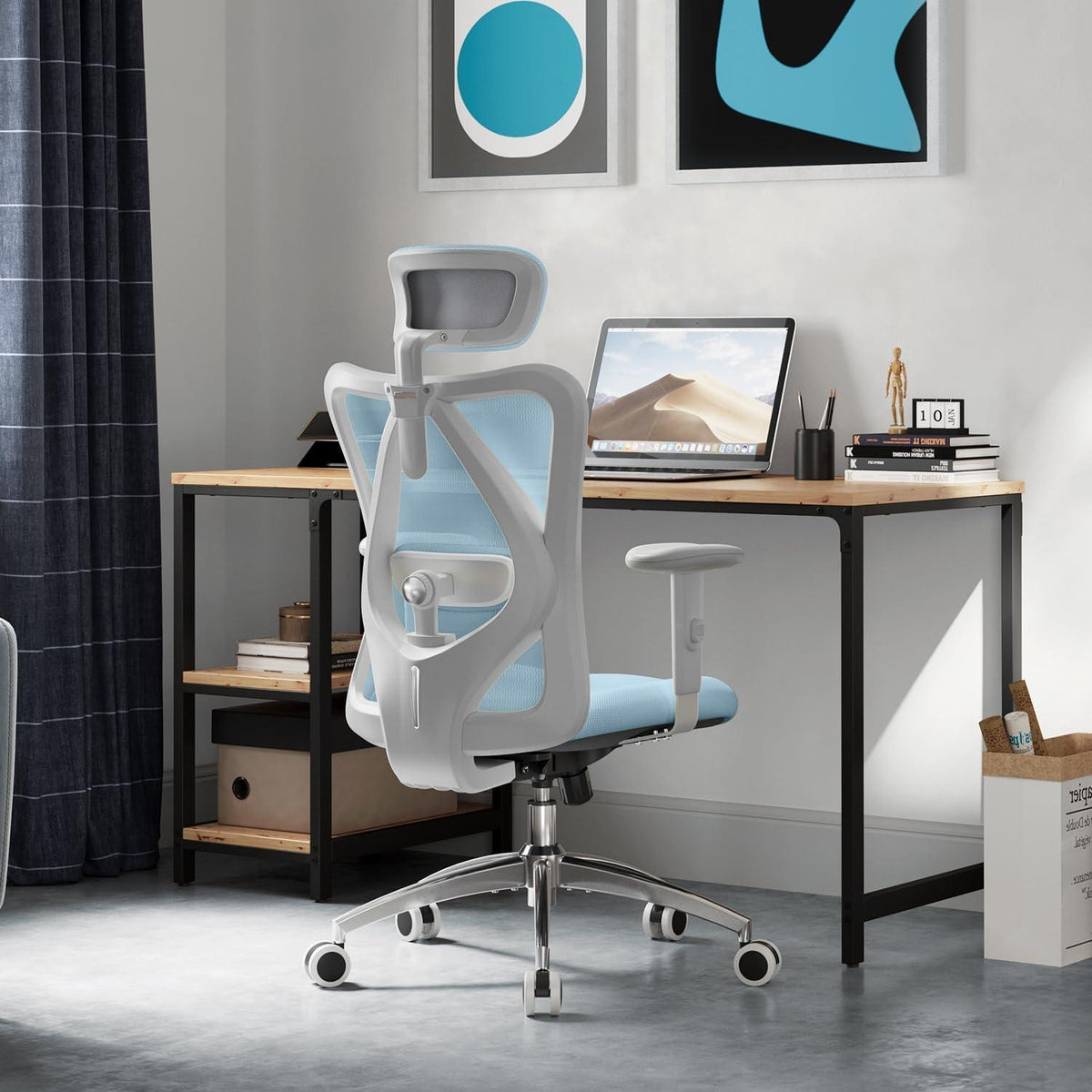Ergonomischer Bürostuhl mit Kopfstütze und Lendenwirbelstütze, Hellblau