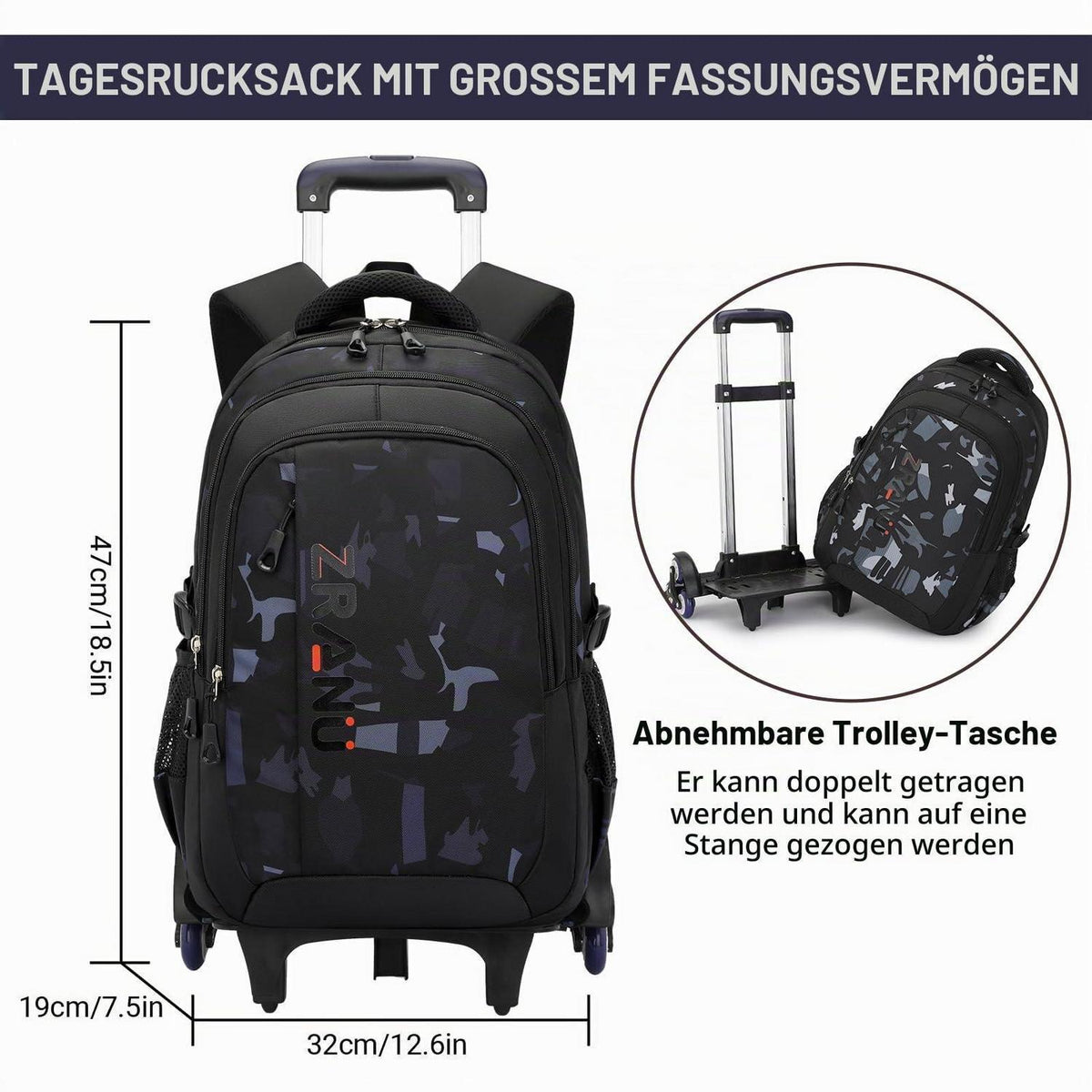 Schulrucksack Trolley für Jungen – Rucksack mit Rollen, Blau