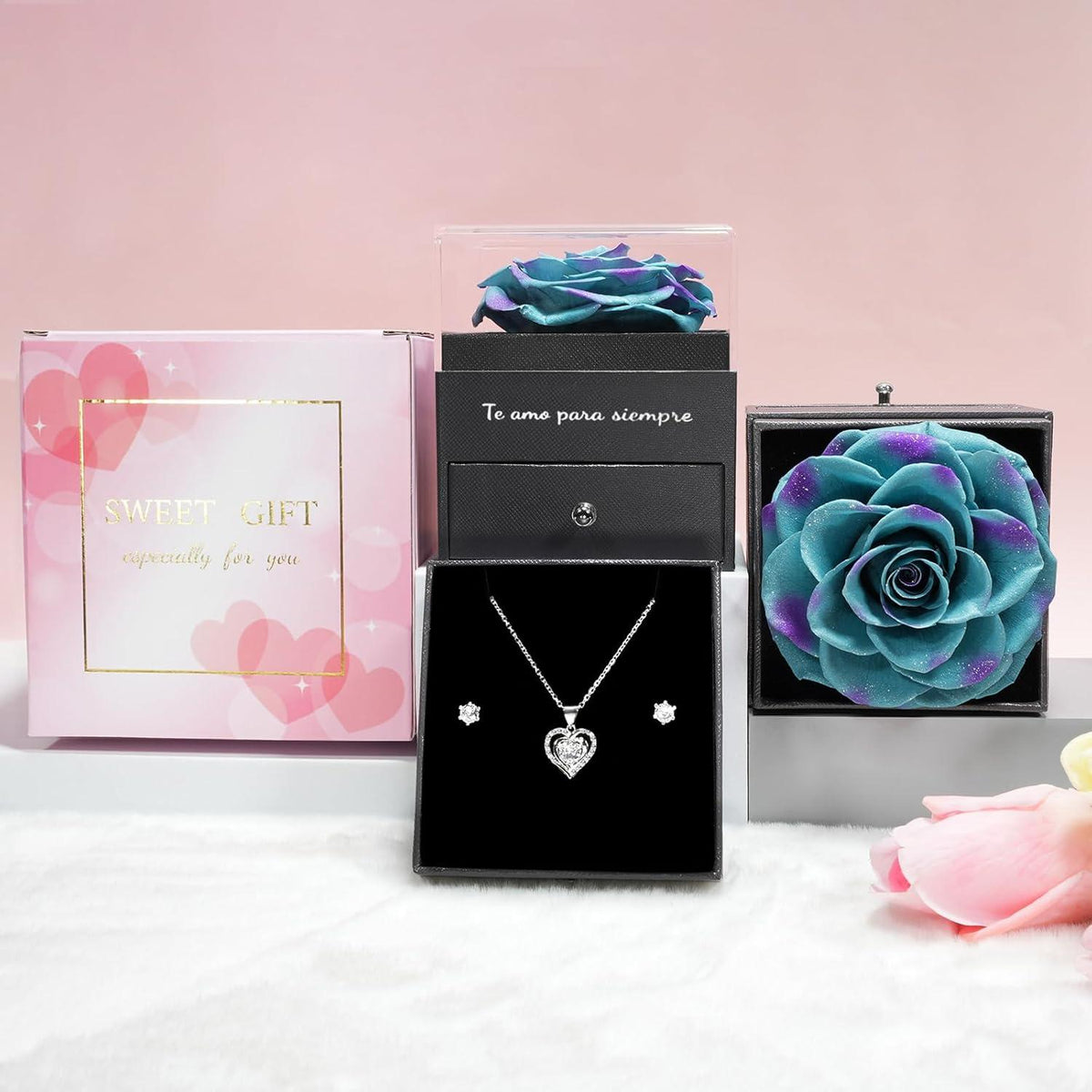 Ewige Rote Rose Halskette Set - Konservierte Blumen Geschenk für Frauen Mutter Oma