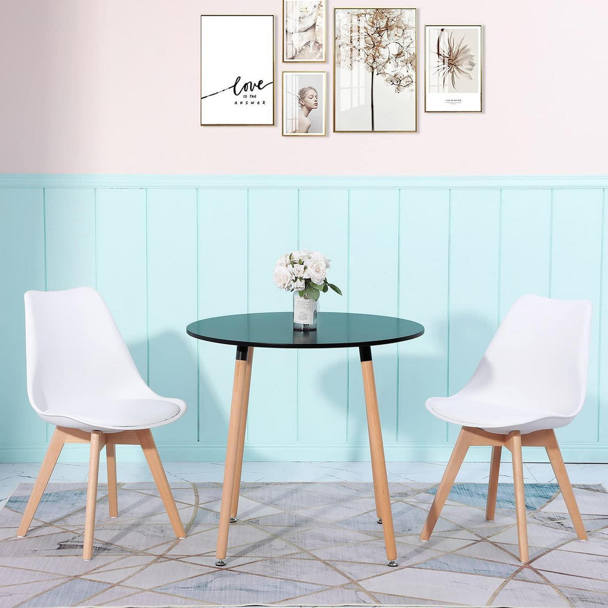 Essgruppen Set für 2 Personen – Runder Schwarz-Weiß Tisch + 2 Stühle