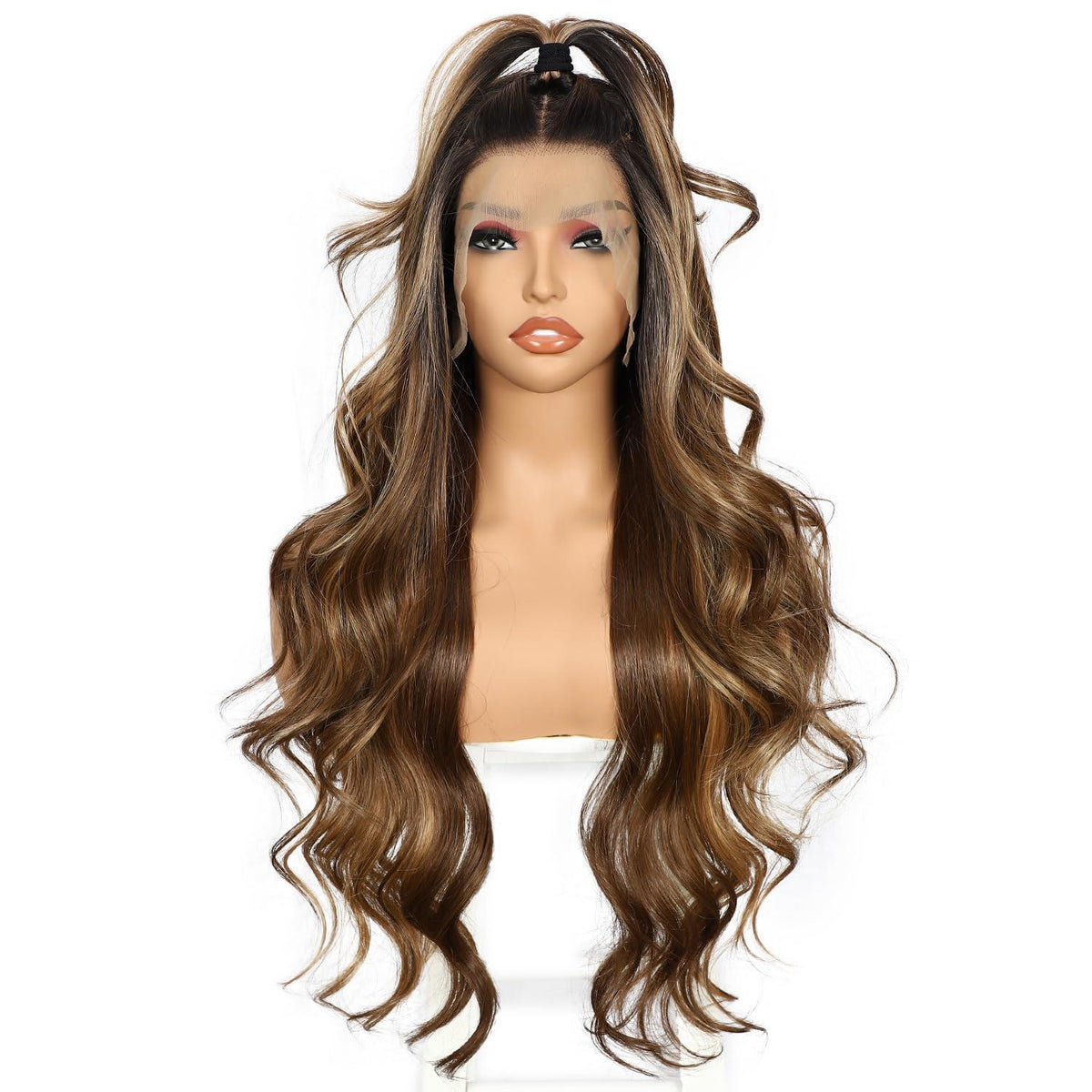 Braune Körperwelle Lace Front Perücke – Synthetisch, 26 Zoll
