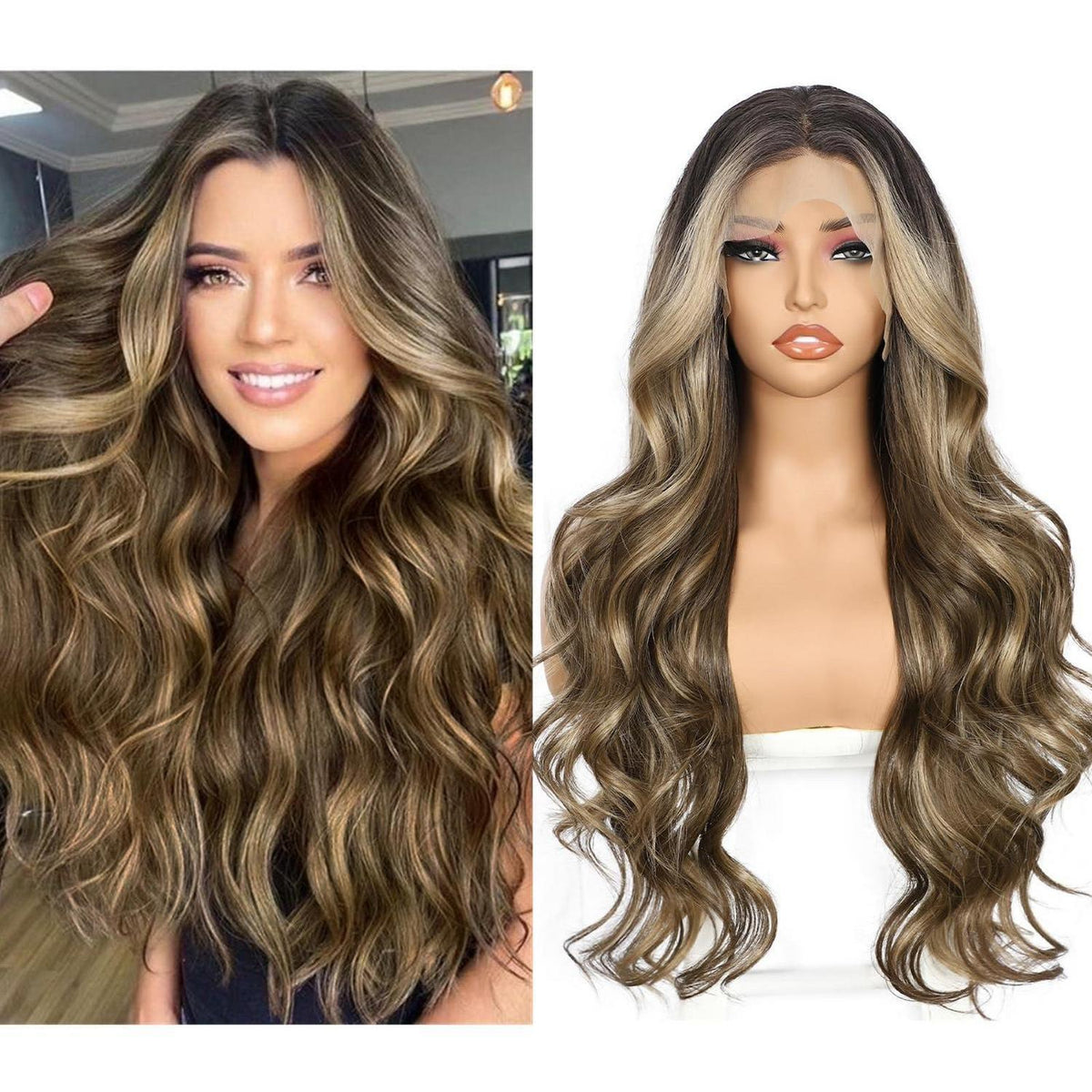 Braune Lace Front Perücke Körperwelle Ombre 26 Zoll Synthetisch