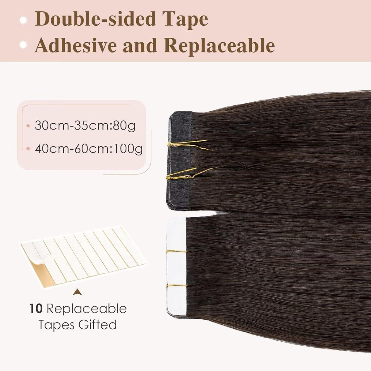 Echthaar Tape Extensions Dunkelbraun 35cm Remy Haarverlängerung